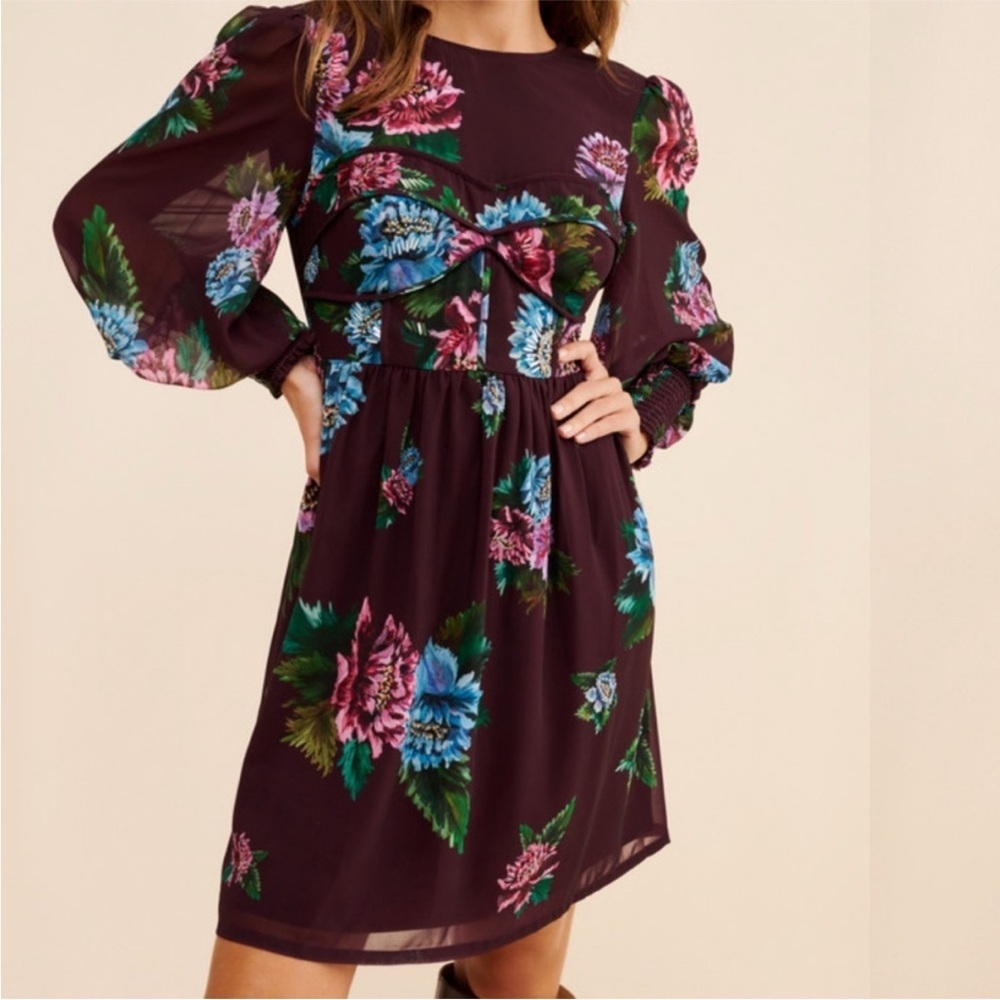 Anthropologie Vineet Bahl Floral Long-Sleeve A-Line Dress in Plum Women’s Small